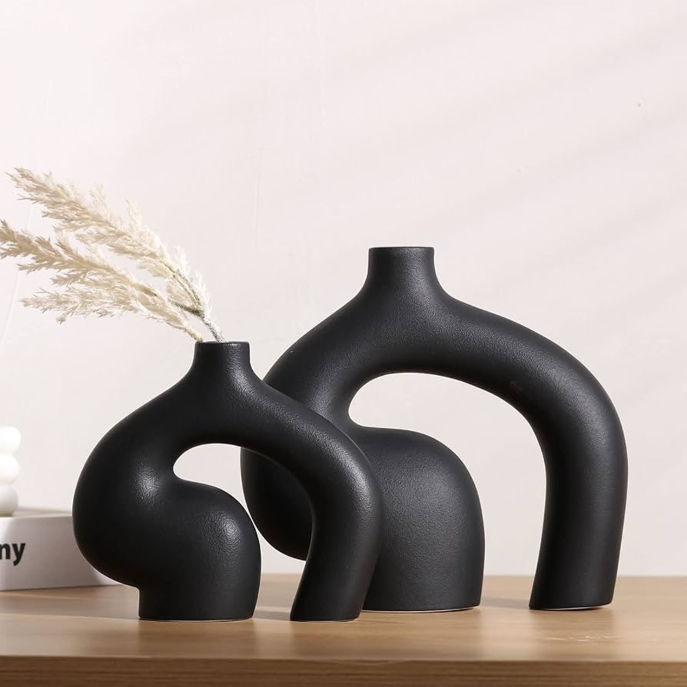 NEW IN BOX Modern Black Ceramic Vases Set of 2